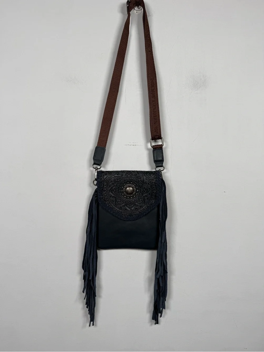 Montana West Navy Blue Genuine Leather Hand Tooled Mandala Fringe Crossbody Bag
